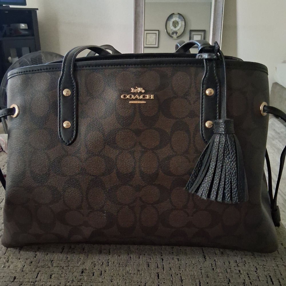 Coach Signature Brown and Black Shoulder Bag with Leather Trim